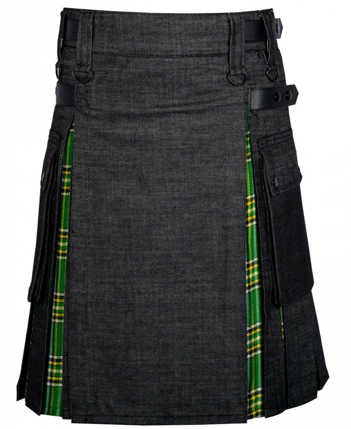 48 Size Black denim-Irish tartan Scottish Utility Cargo Hybrid Cotton Kilt For Men