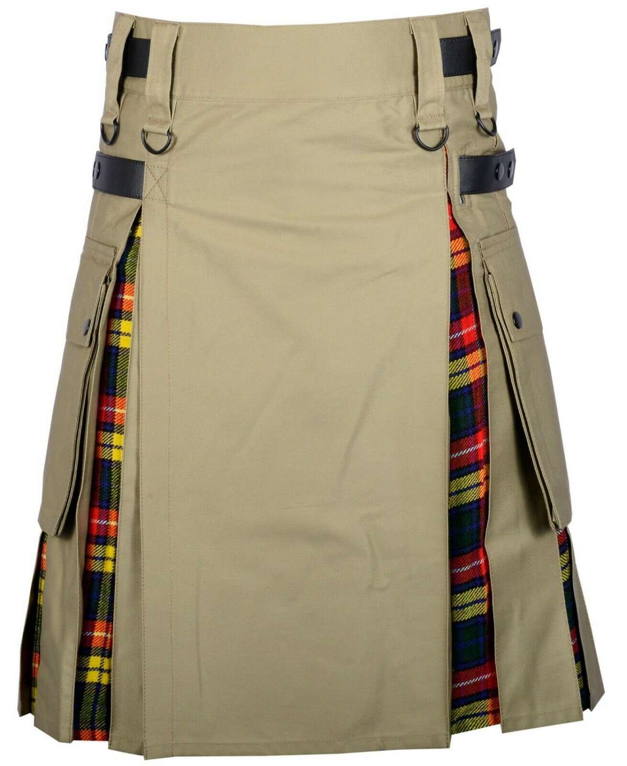 42 Size Khaki Cotton -Buchanan tartan Scottish Utility Cargo Hybrid Cotton Kilt For Men