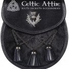 Scottish Kilt SPORRAN - Black Leather - Thistle Emblem - Cross Antique Tassels