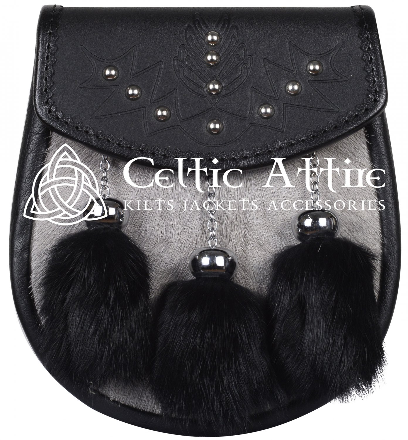 Scottish KILT SPORRAN - Grey and Black Rabbit Fur - Free Chain Belt - Semi Dress Sporran