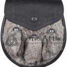 Black Leather & Brown Rebbit Fur Sporran - Semi Dress Sporran - Scottish Kilt Sporran