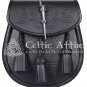 Celtic Embossed Scottish Black Sporran With Chain And Belt