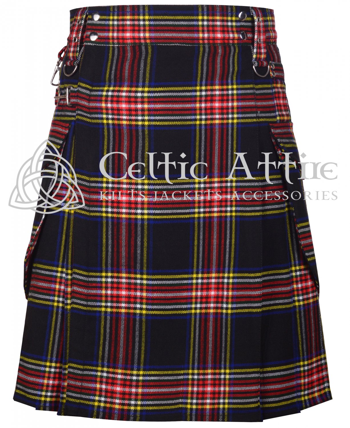 Black Stewart Tartan UTILITY KILT Scottish Cargo Kilt for Men - Custom Size