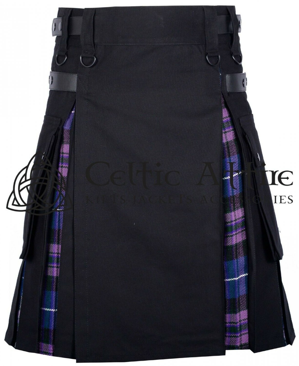 Black Cotton & Pride of Scotland Tartan Hybrid Utility Kilt For Men - Tartan kilt