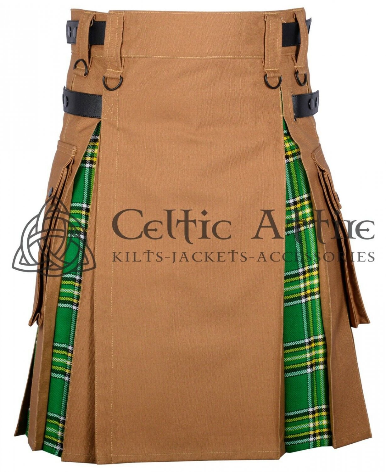 Camel Canvas & Irish Tartan Hybrid Utility Kilt For Men - Tartan kilt