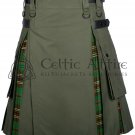 Olive Green Cotton & Tara Murphy Tartan Hybrid Utility Kilt For Men - Tartan kilt