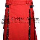 Red Cotton & Black Stewart Tartan Hybrid Utility Kilt For Men - Tartan kilt