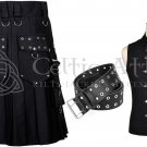 Black Cotton Utility Kilt - Punk Rock - Waistcoat - Leather Kilt Belt - Cyber Goth - Black Kilt