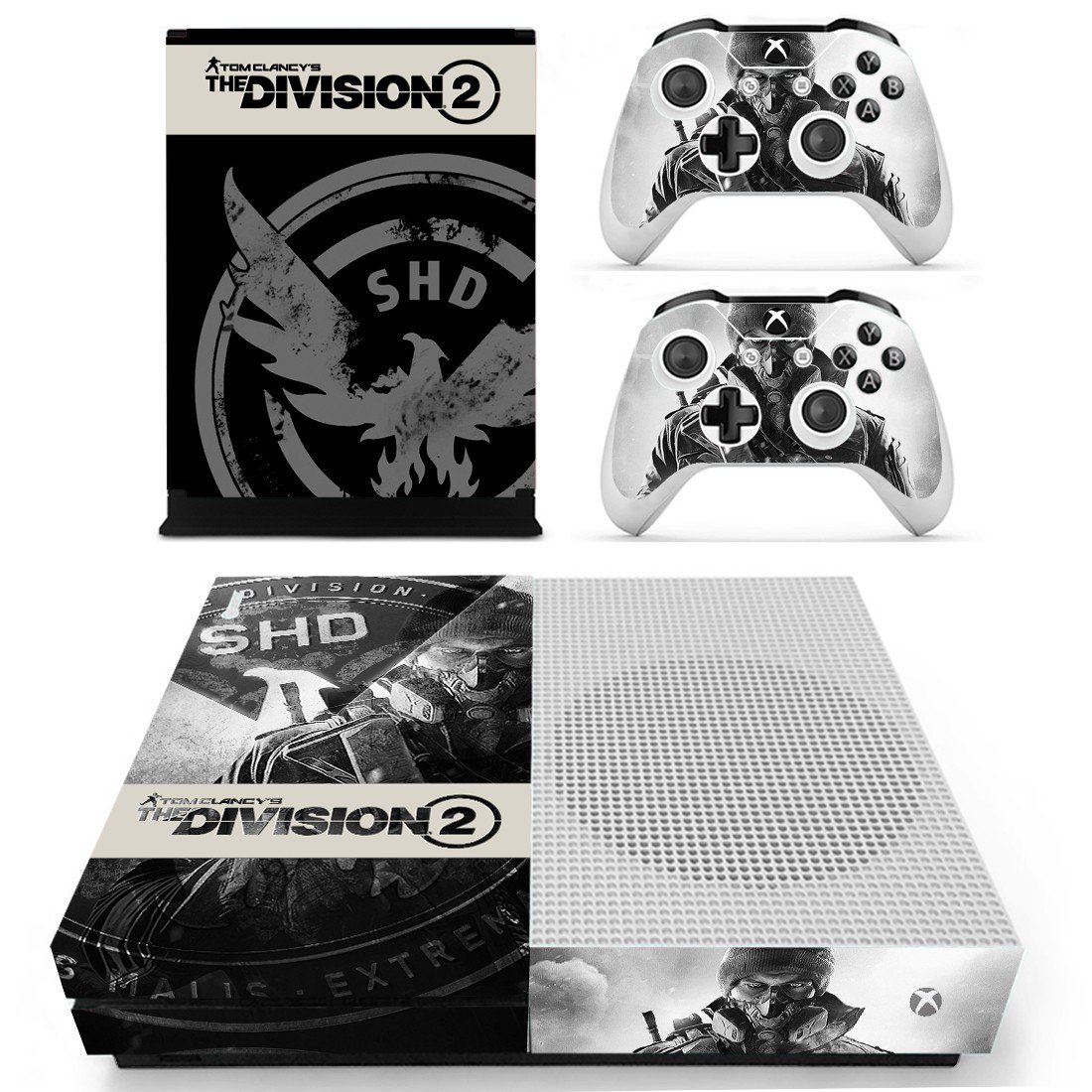 The Division 2 decal skin for Xbox One S console and controllers