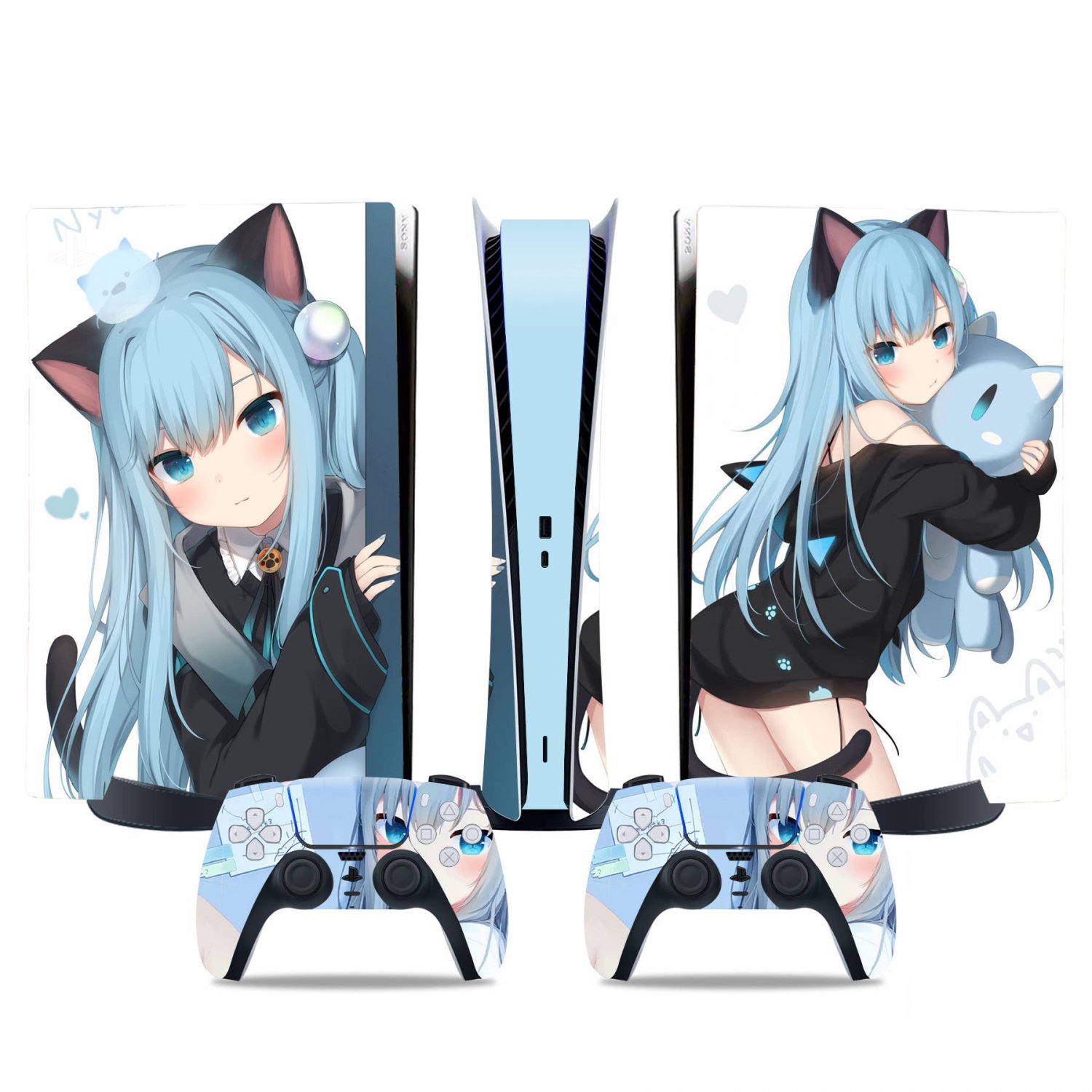 Neko Cat Girl Waifu decal skin for PS5 digital Console & 2 Controllers