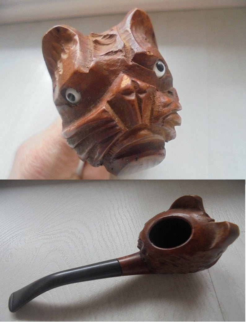 PIPE HANDCARVED WOOD WITH FACE OF A CAT ORIGINAL SMOKED