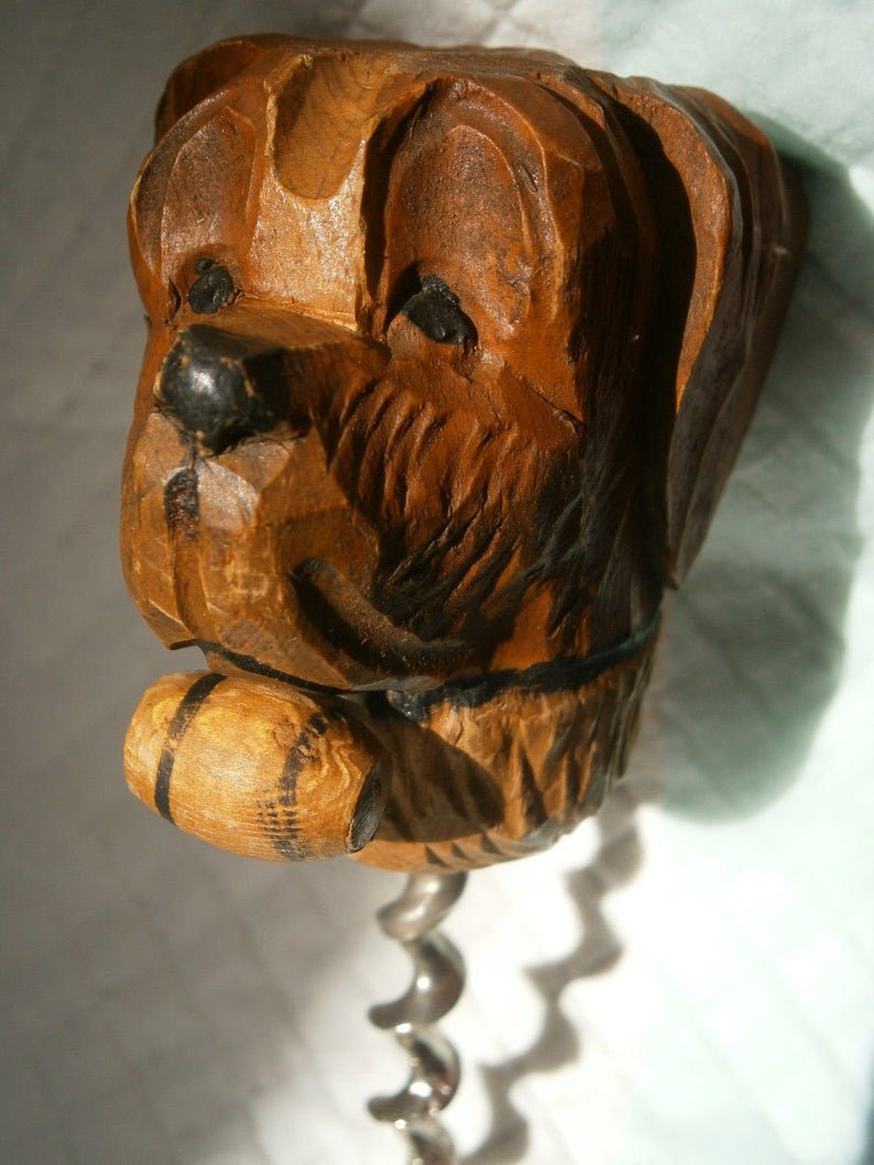 CORKSCREW HAND CARVED wood with dog face original from 1970s