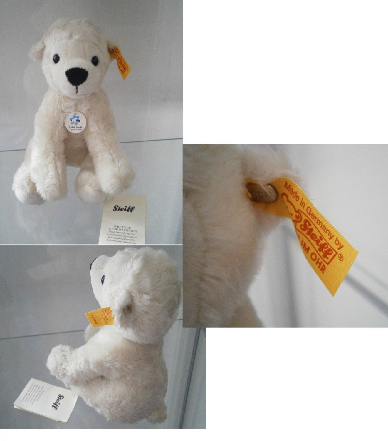 STEIFF GERMANY 113185 ORSO POLARE BEAR EISBAR FLOCKE ORIGINAL CON BOTTONE cm 16