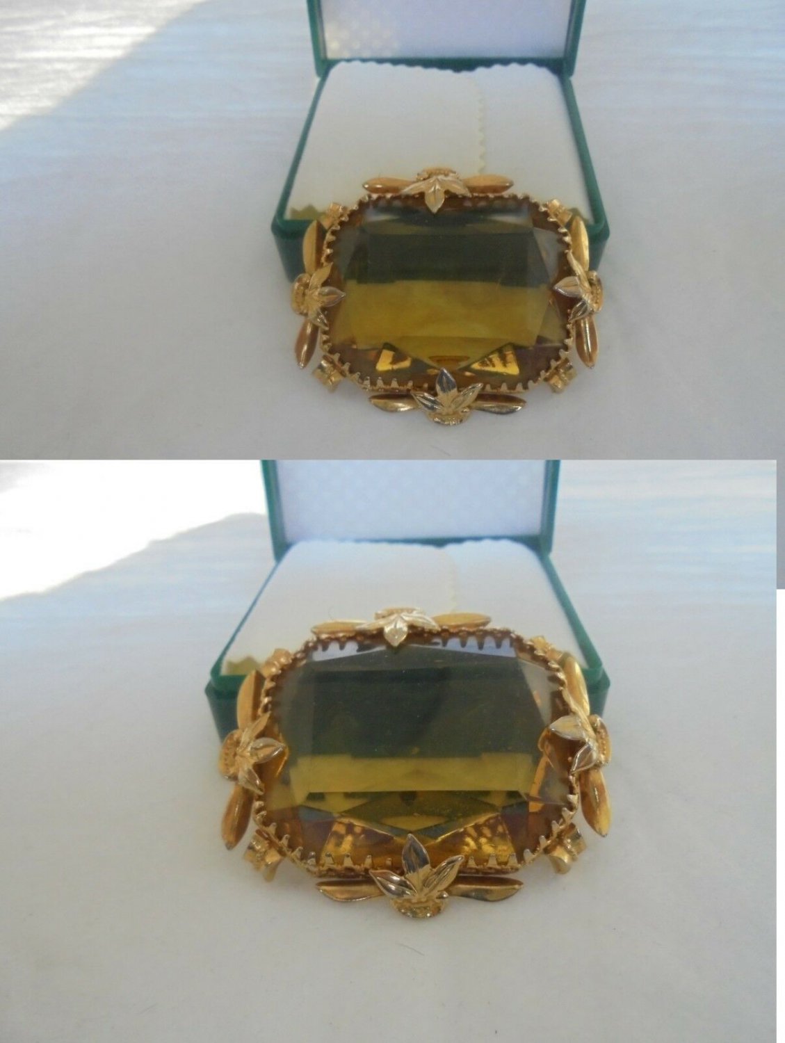 VINTAGE BROOCH PLATED GOLD VICTORIAN STYLE WITH BIG TOPAZ 1960s