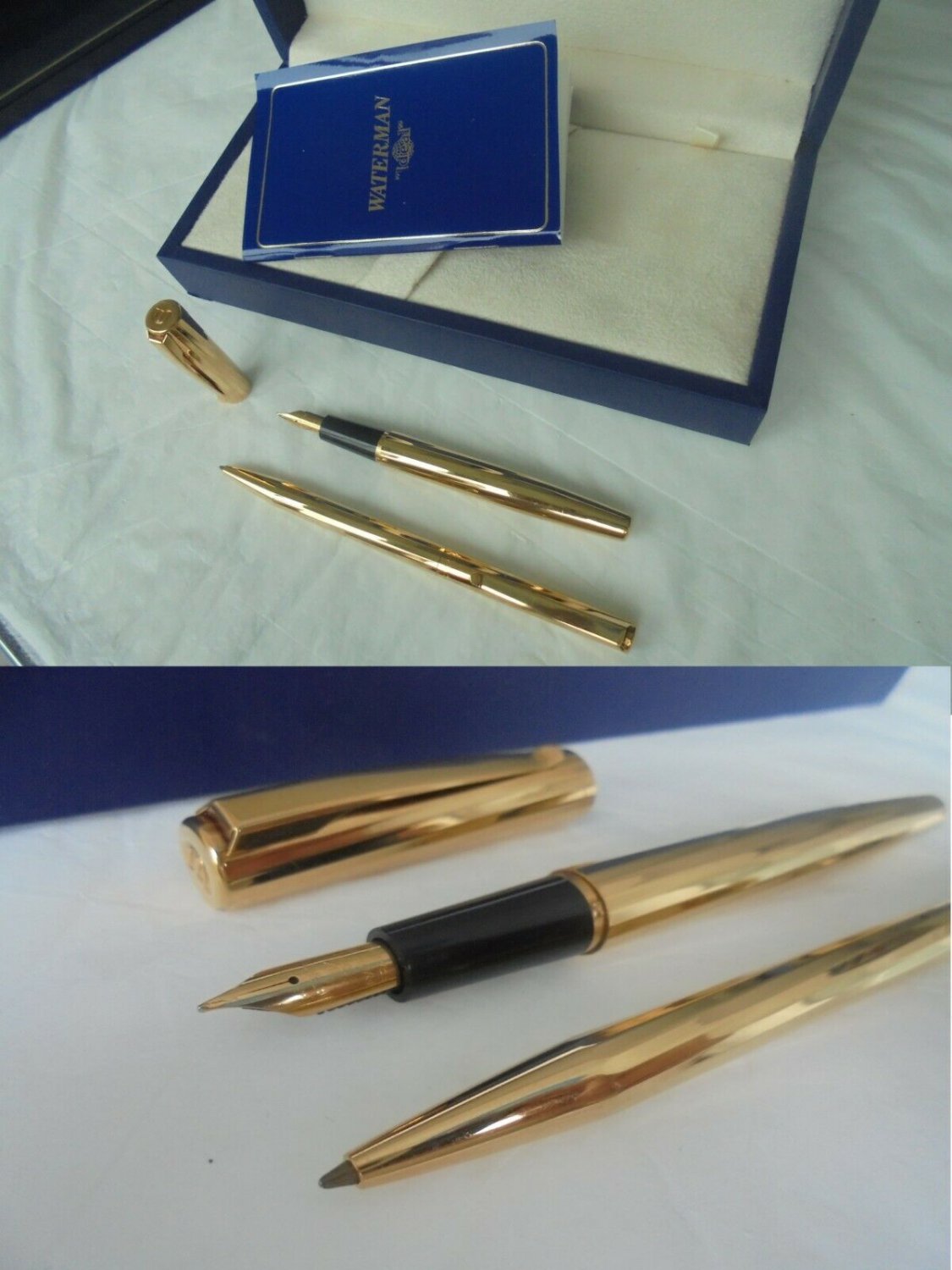 WATERMAN TORSADE SET fountain and ball point pen in gold 18K + gift box Original