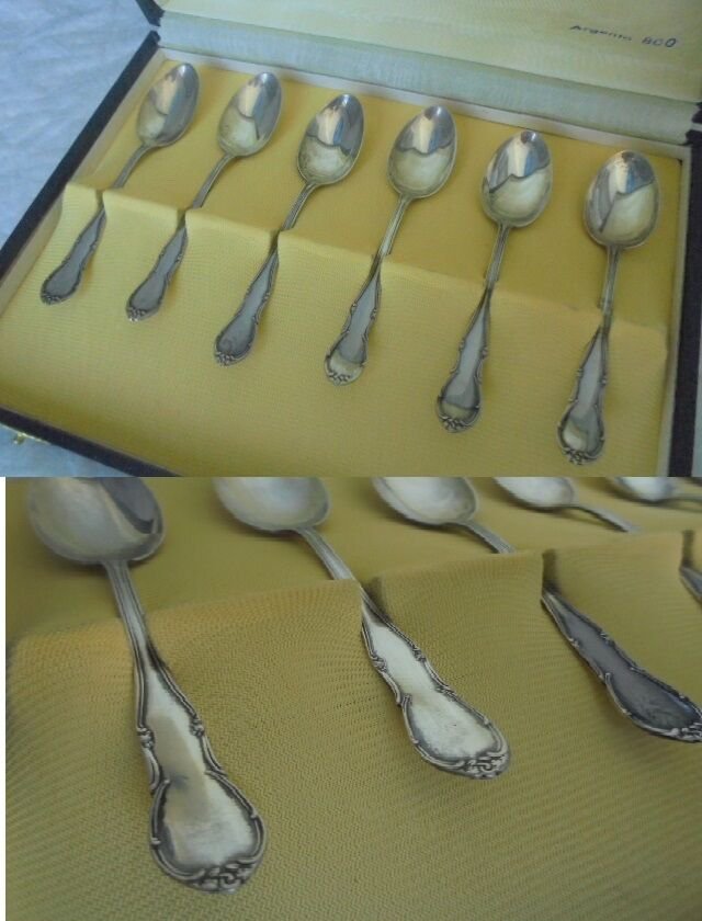 SET of 6 SPOONS for coffee or tea in SILVER 800 Original from 1950s in gift box
