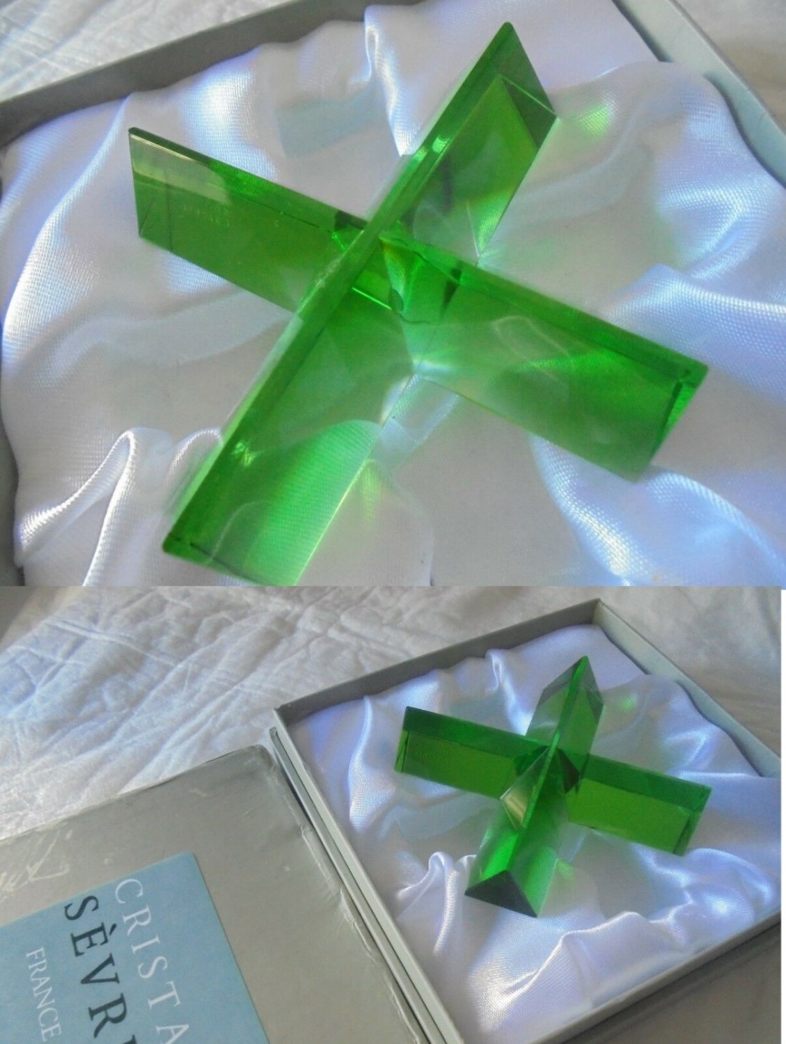 CRISTAL SEVRES paperweight paper weight crystal green color X shape in gift box Original