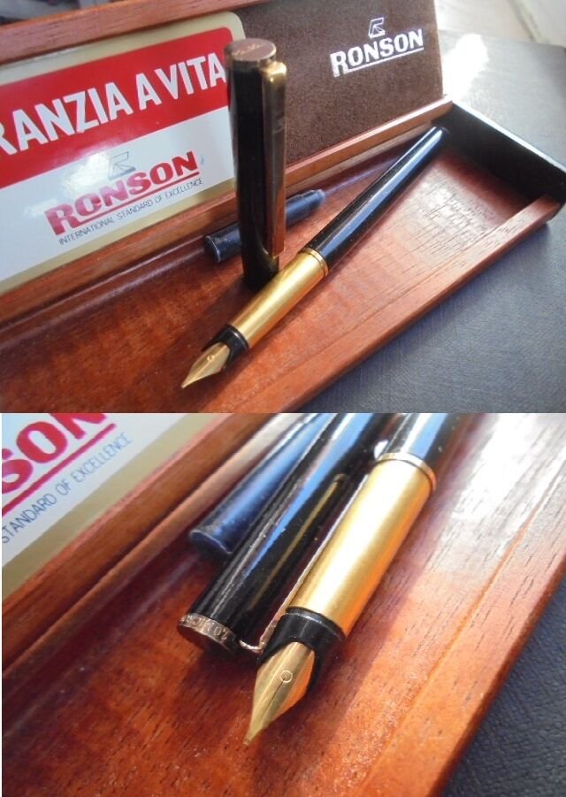 RONSON FOUNTAIN PEN lacque black and gold plated 22K Original in gift box with garantee