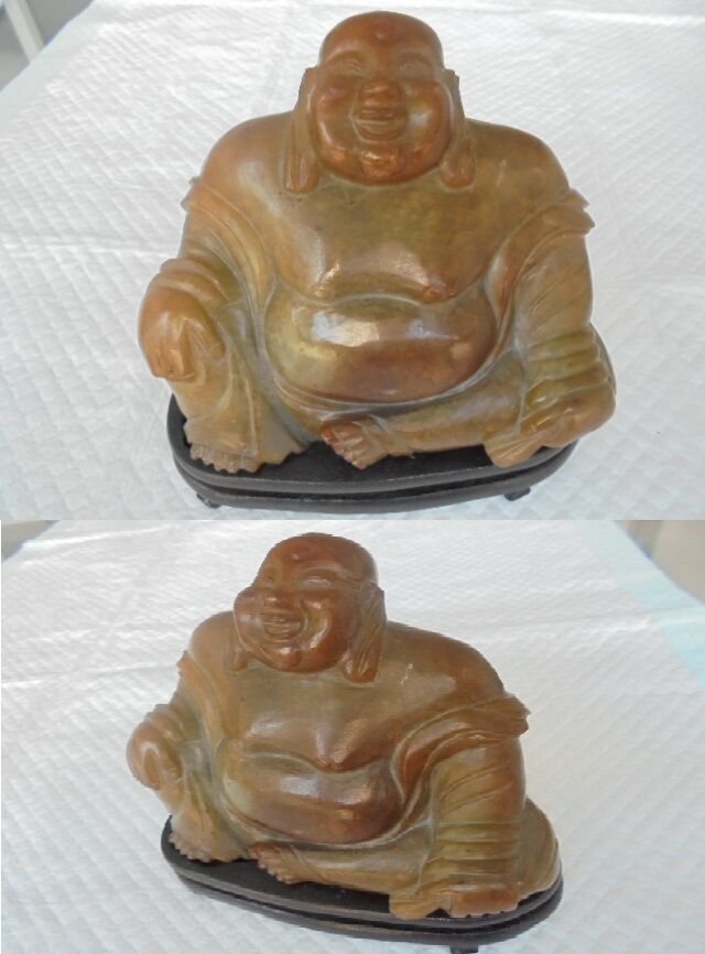 SCULPTURE of BUDDHA in real JADE amber color with base in wood Original from 1970s