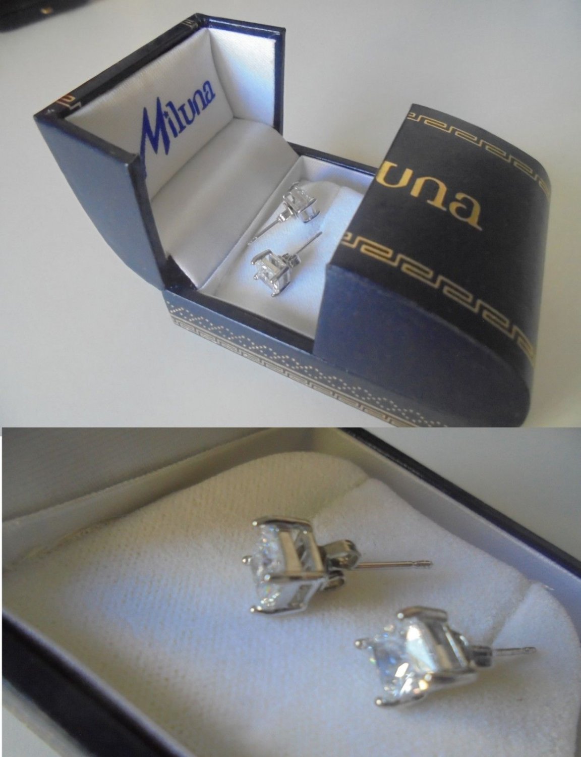 MILUNA Italy EARRINGS studs with 2 SWAROVSKI white crystals Original in gift box