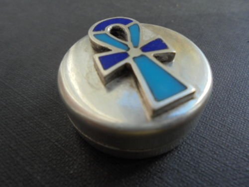 ANKH CROSS of life pill BOX in silver 800 and enameled Original from 1980s