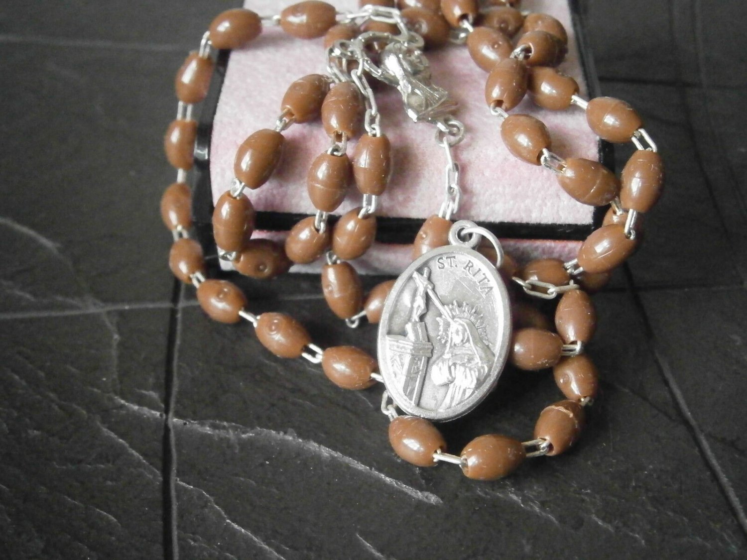 ROSARY of SAINT RITA from Cascia Italy Beads in brown melamine 1960s