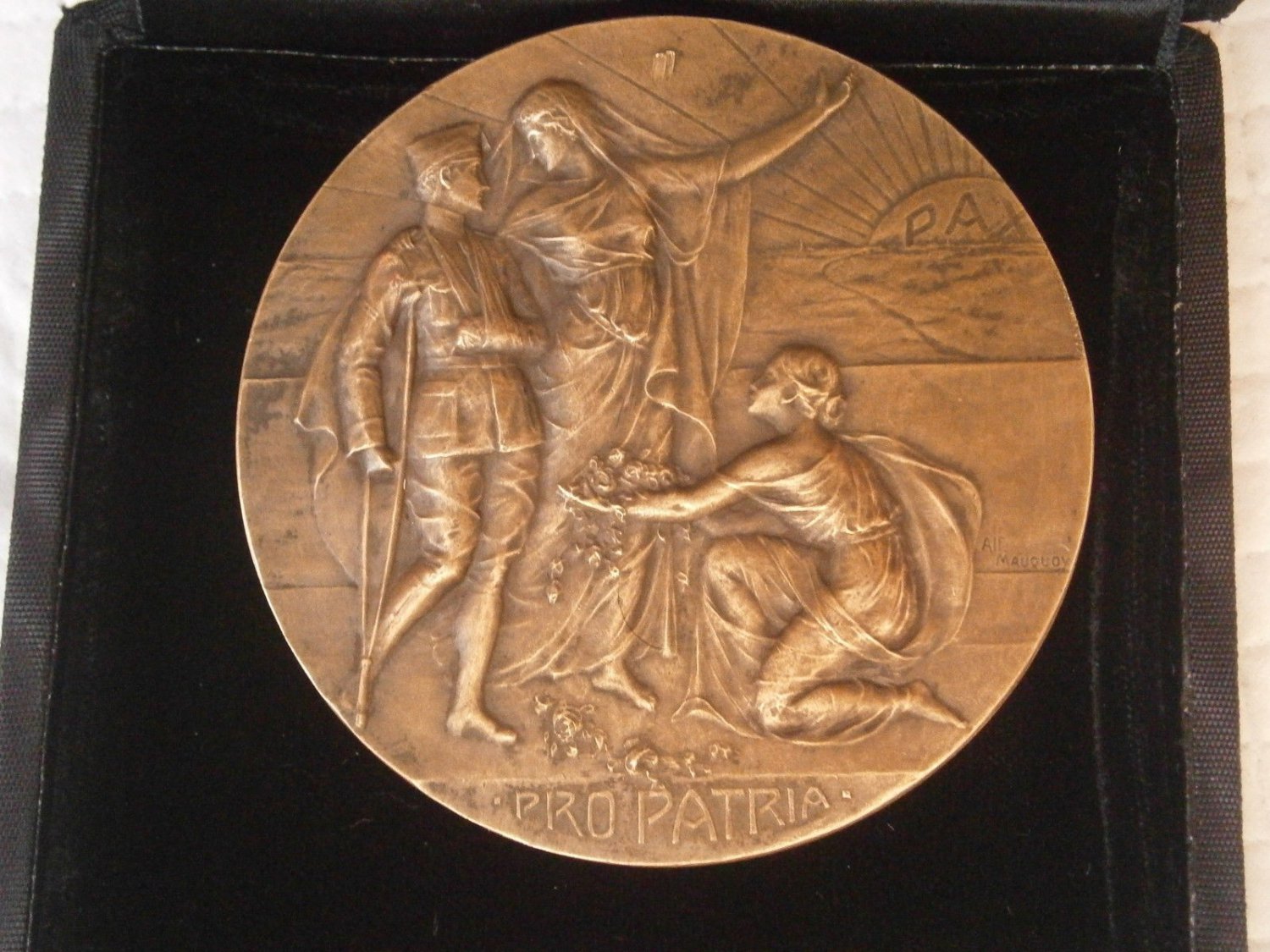 French BRONZE MEDAL L'Oeuvre Nationale Pro Patria engraved by Alfonse Mauquoy Original 1927