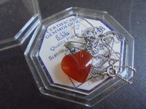 NECKLACE STERLING SILVER 925 with heart pendent agate stone Original +certificate +gift box