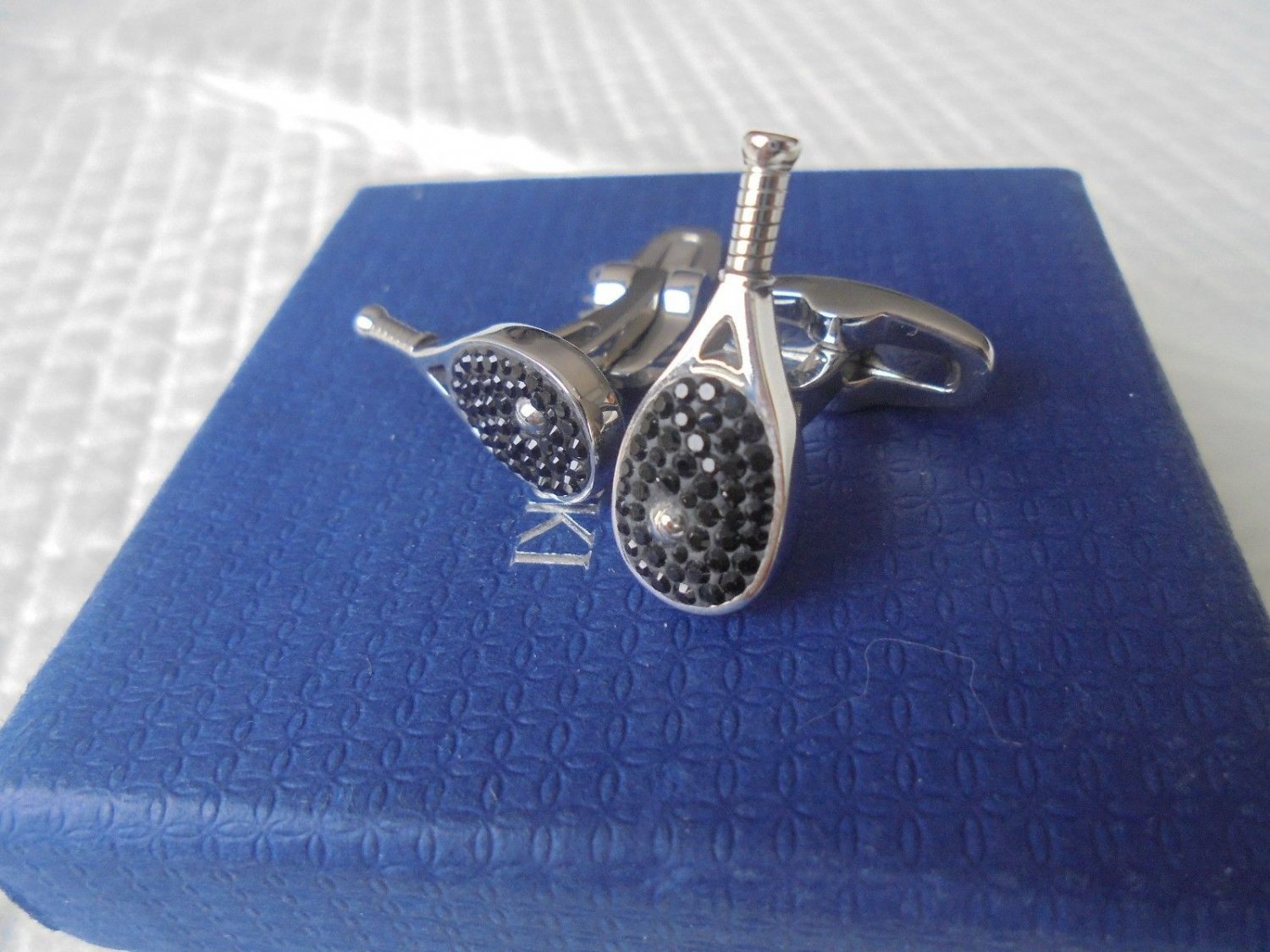 SWAROVSKI CUFFLINKS with black crystals TENNIS racket shape Original in gift box