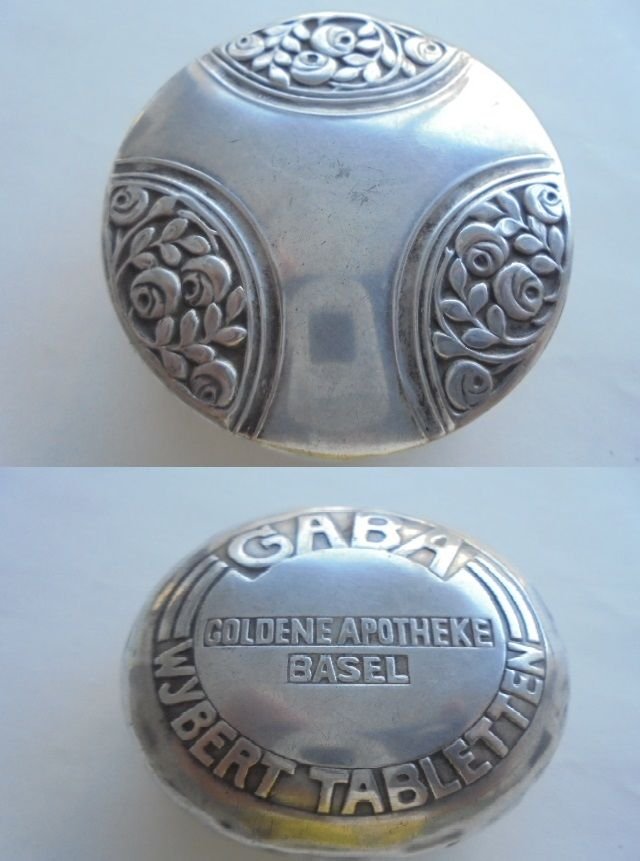 GABA GOLDENE APOTHEKE Basel Wybert Tabletten box in silver 800 original 1900s