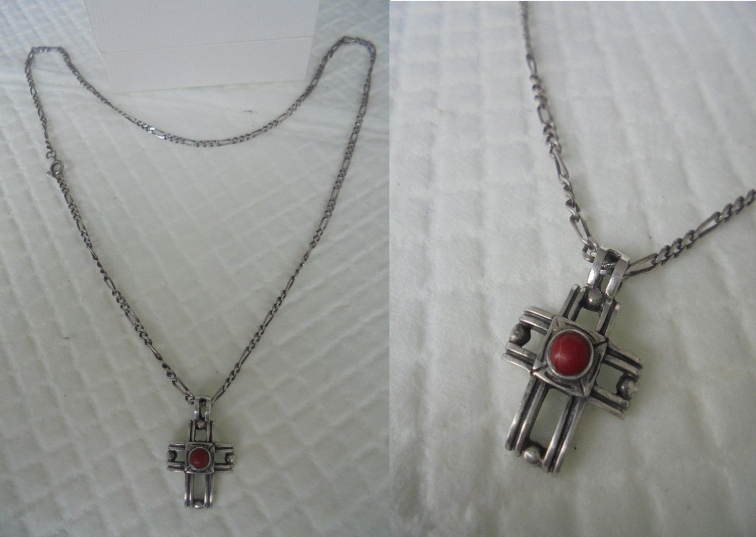 NECKLACE and CROSS PENDENT in sterling silver 925 with cabochon in red coral Original