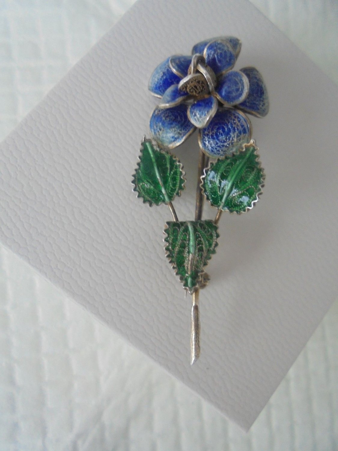 FLOWER BROOCH in filigree SILVER 800 and laque Genova Italy Original in gift box 1960s