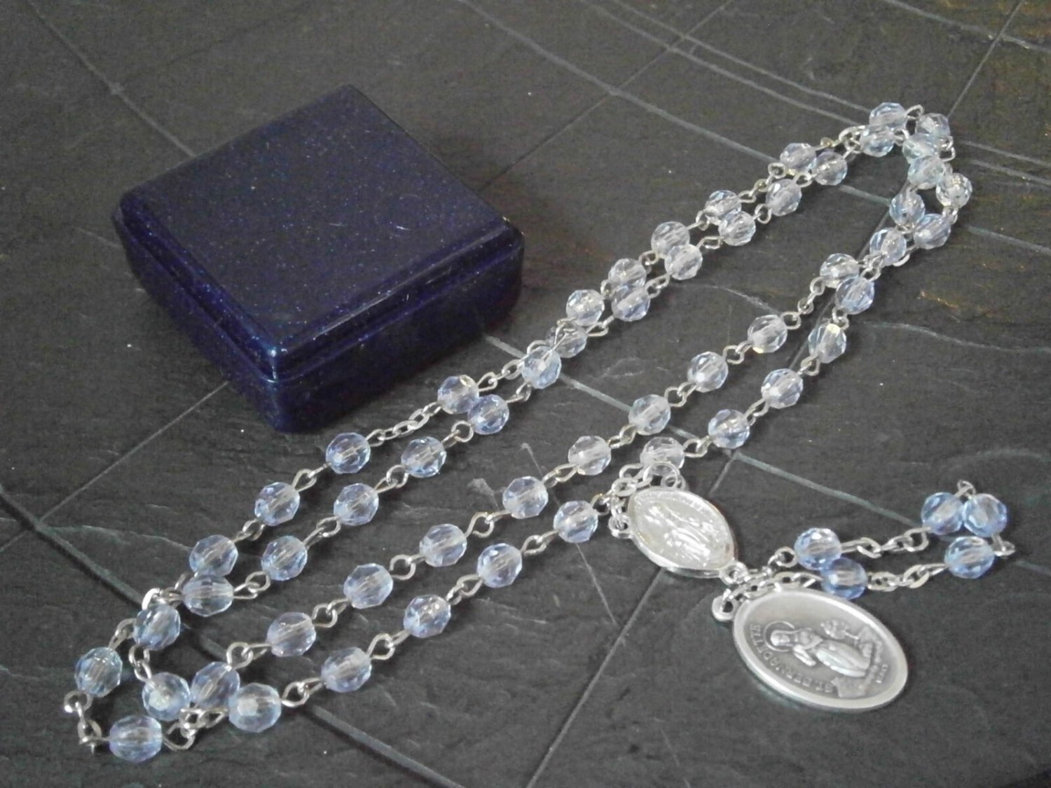 ROSARY NECKLACE with medal of Saint Bernadette Soubirous Original 1980s in gift box