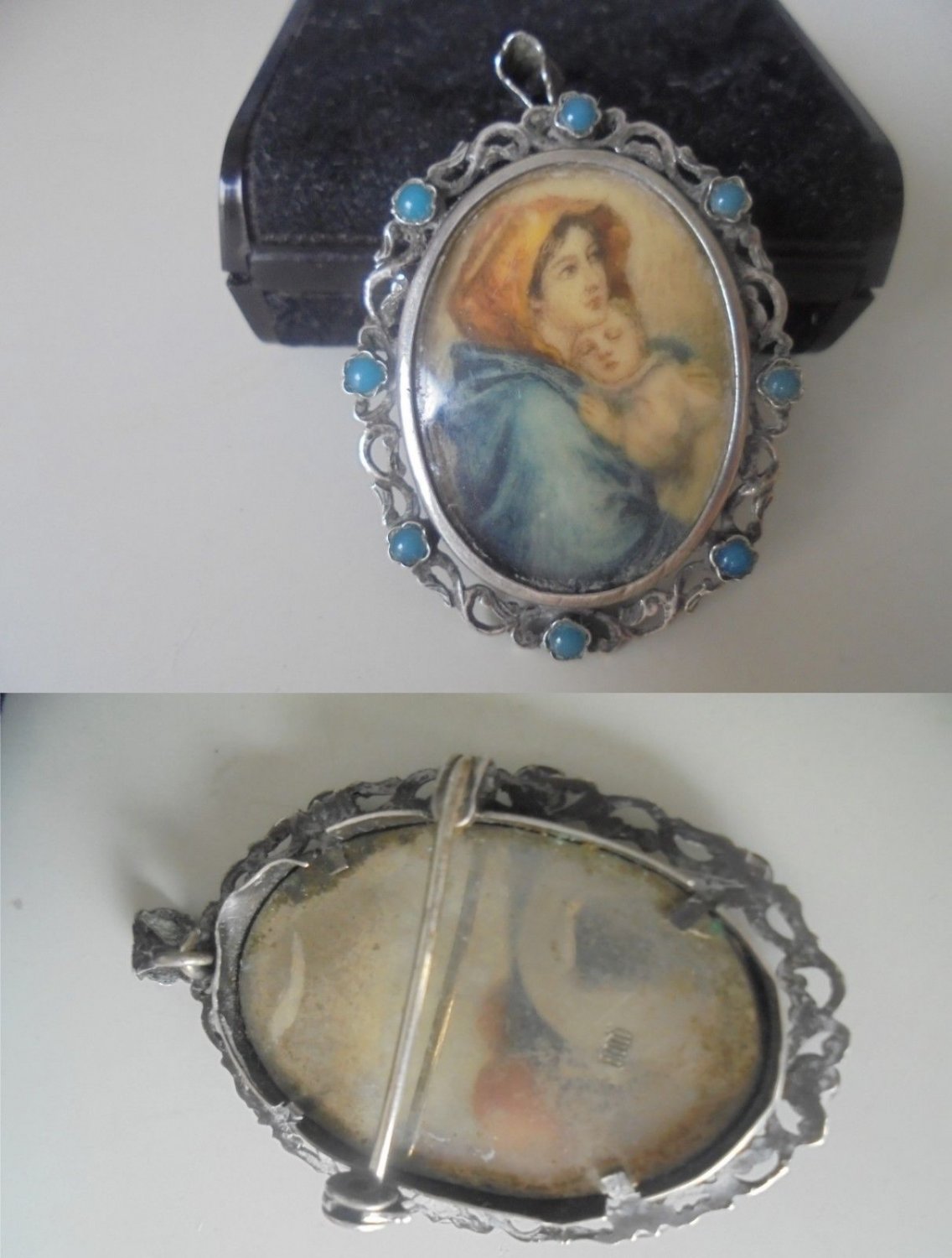 CHARM PENDENT PICTURE frame in silver 800 and with turquoise Original 1960s in gift box