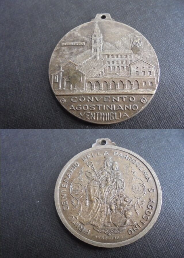 SAINT AUGUSTINE bronze MEDAL 100th anniversary Ventimiglia convent Italy Original 1882-1982