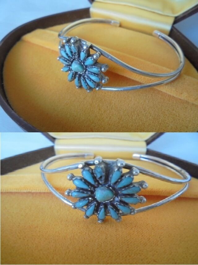BRACELET in Sterling SILVER 925 and TURQUOISE flower Orginal Navajo Reservation Usa 1980s