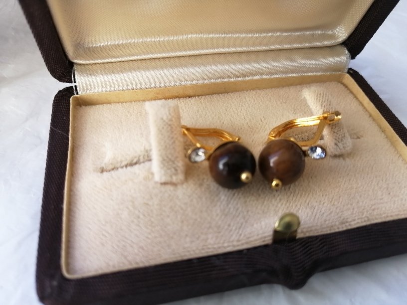 GOLD PLATED EARRINGS with tiger eye stone and white Swarovski crystals Original in gift box