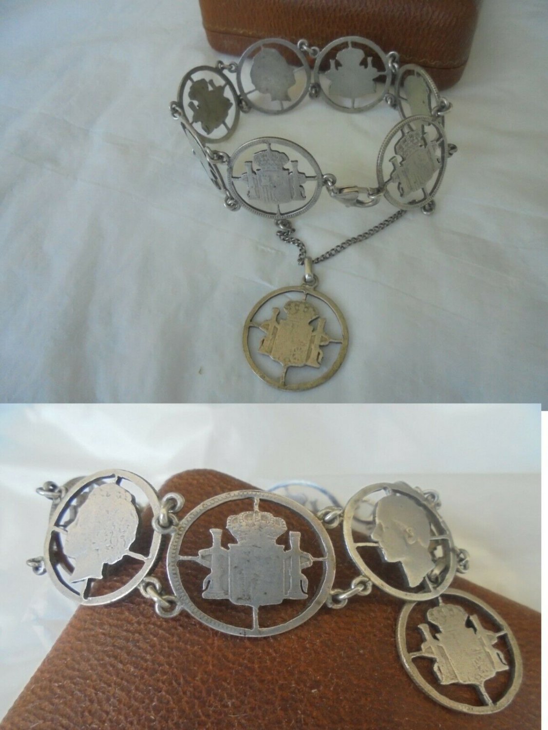 Original charm BRACELET sterling SILVER 925 with symbols of Royals of Spain 1950s Franco era