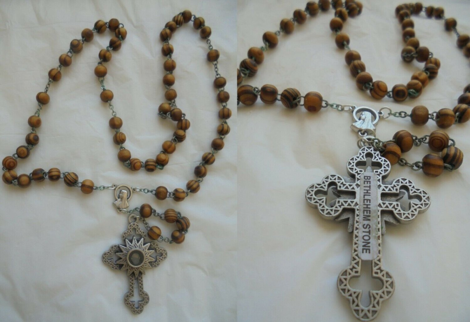 ROSARY neckace with olive wood beads BETHLEHEM and cross with RELIC stone Original 1960s