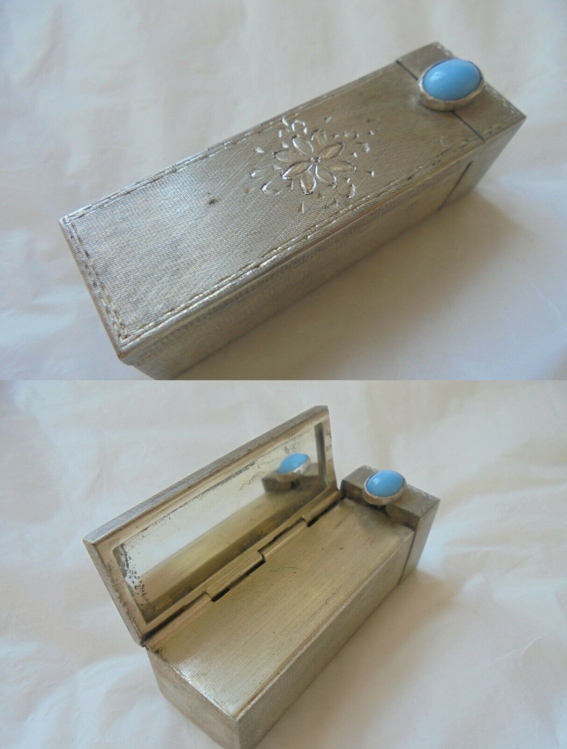 LIPSTICK STICK HOLDER case in silver 800 with mirror and cabochon stone in turquoise Original 1950s