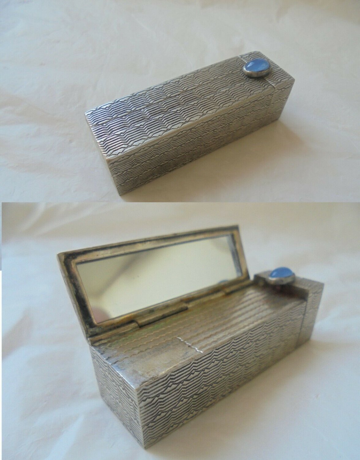 LIPSTICK stick holder case in SILVER 800 cabochon stone with Lapis Lazuli Original Art Deco 1940s