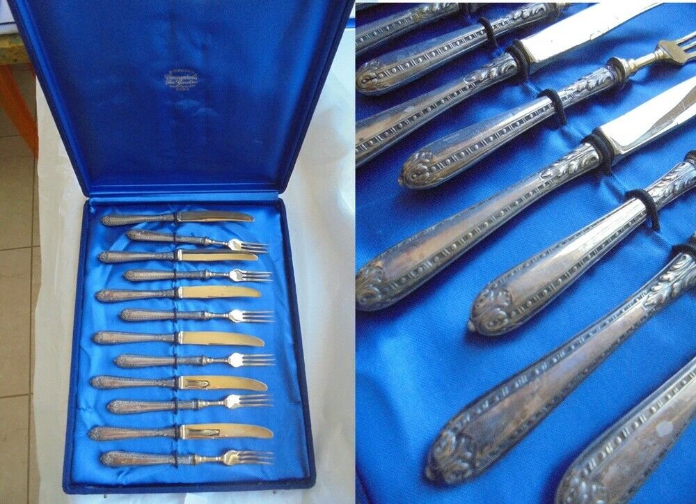 FRUIT DESSERT SET 6 forks & 6 knives in silver 800 Engllish Victorian style 1940s in box Original
