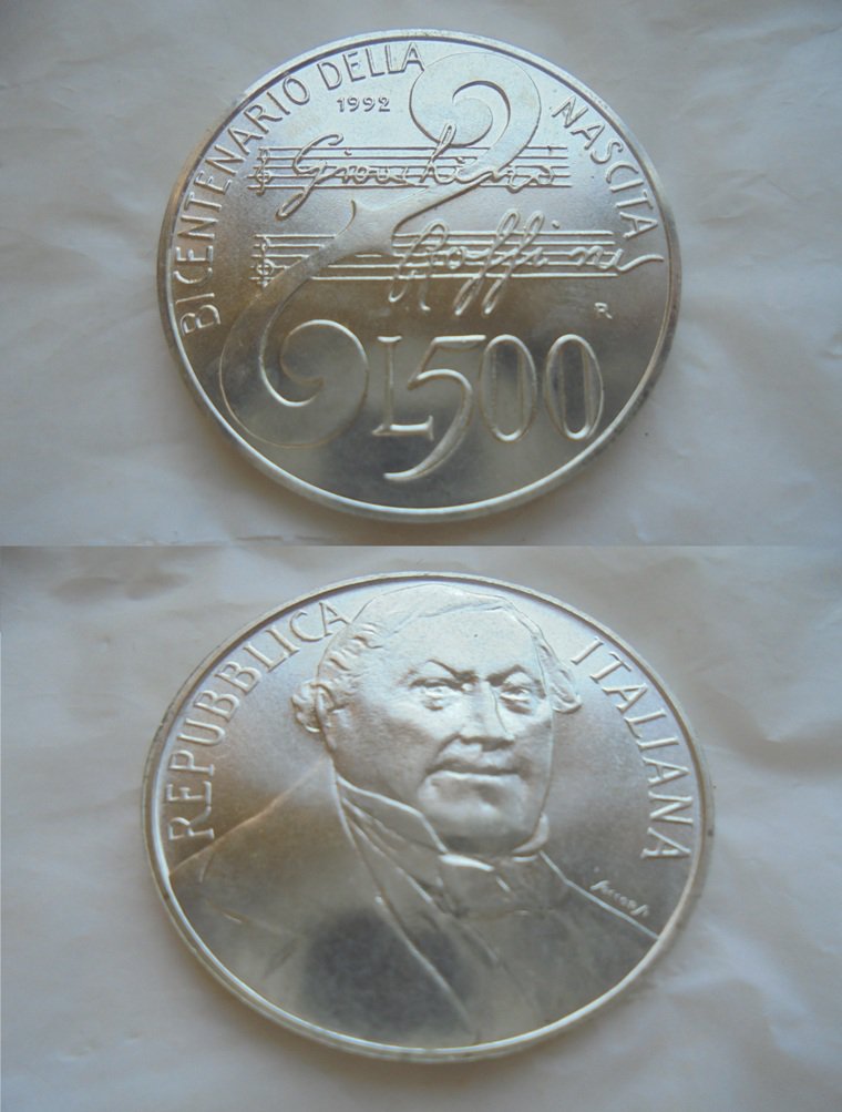 GIOACCHINO ROSSINI italian coin in silver 925 Lire 500 1992 Bicentenary Original