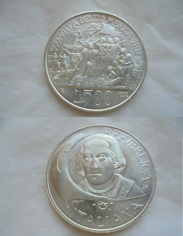 Christopher COLOMBO Italian coin in silver 925 Lire 500 Original 500th anniversary 1992