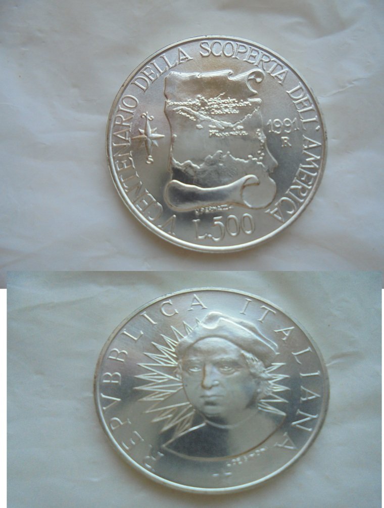 Christopher COLOMBO Italian coin in silver 925 Lire 500 Original 500th anniversary 1991