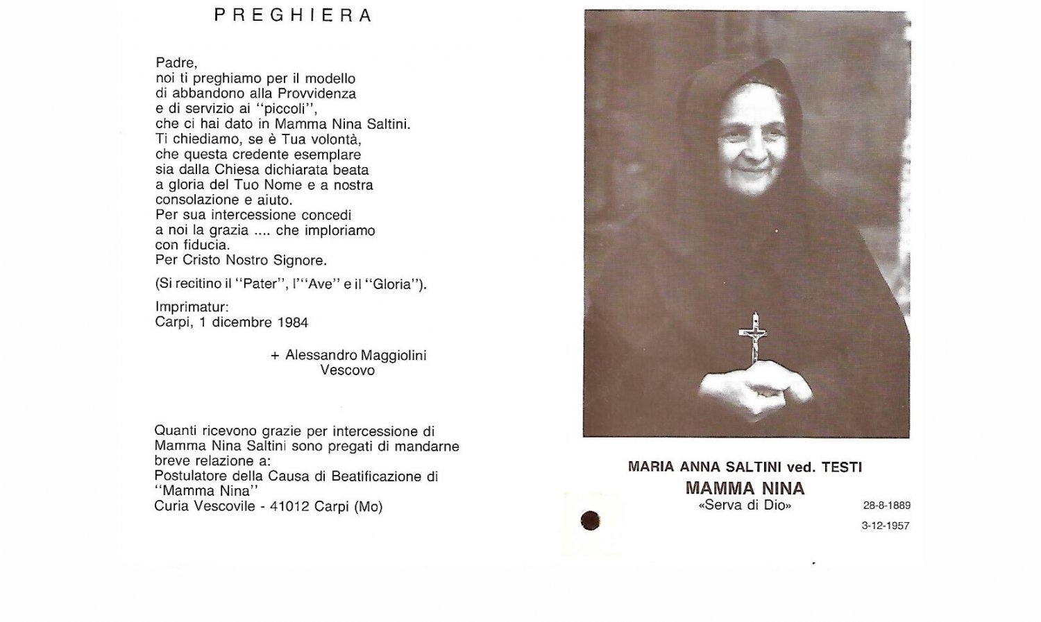 Mamma Nina Maria SALTINI sacred immage with reliquary relic Original 1957 Modena Italy
