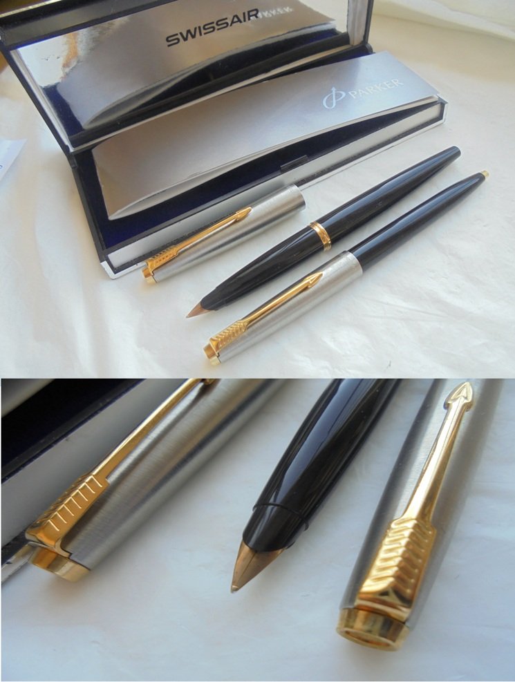 PARKER 45 SET fountain pen and ball point pen in steel and black In gift box + garantee Original