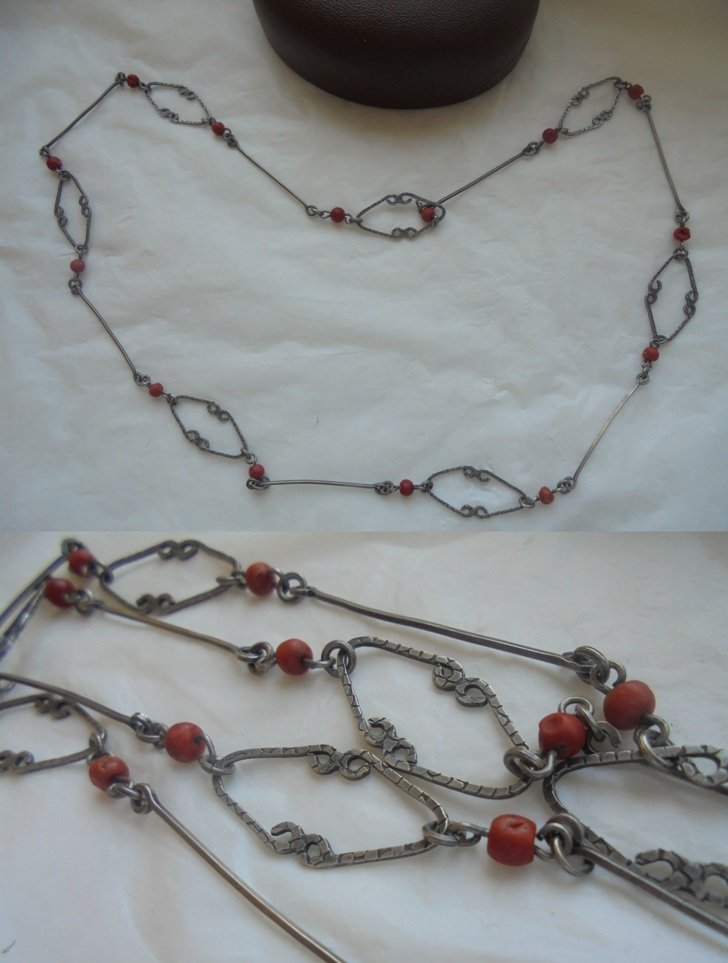 Vintage NECKLACE in silver 800 and Mediterranean CORAL ORIGINAL 1960s In gift box