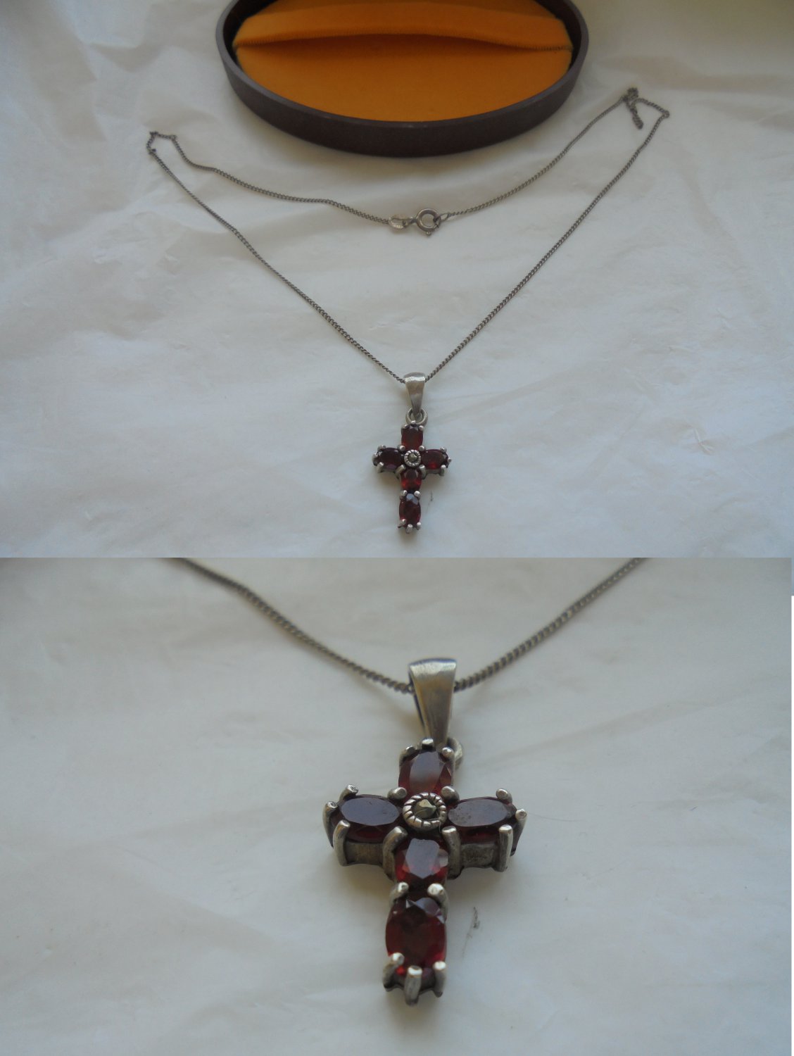 NECKLACE chain with CROSS in silver 925 and with RUBIES Original in gift box 1970s