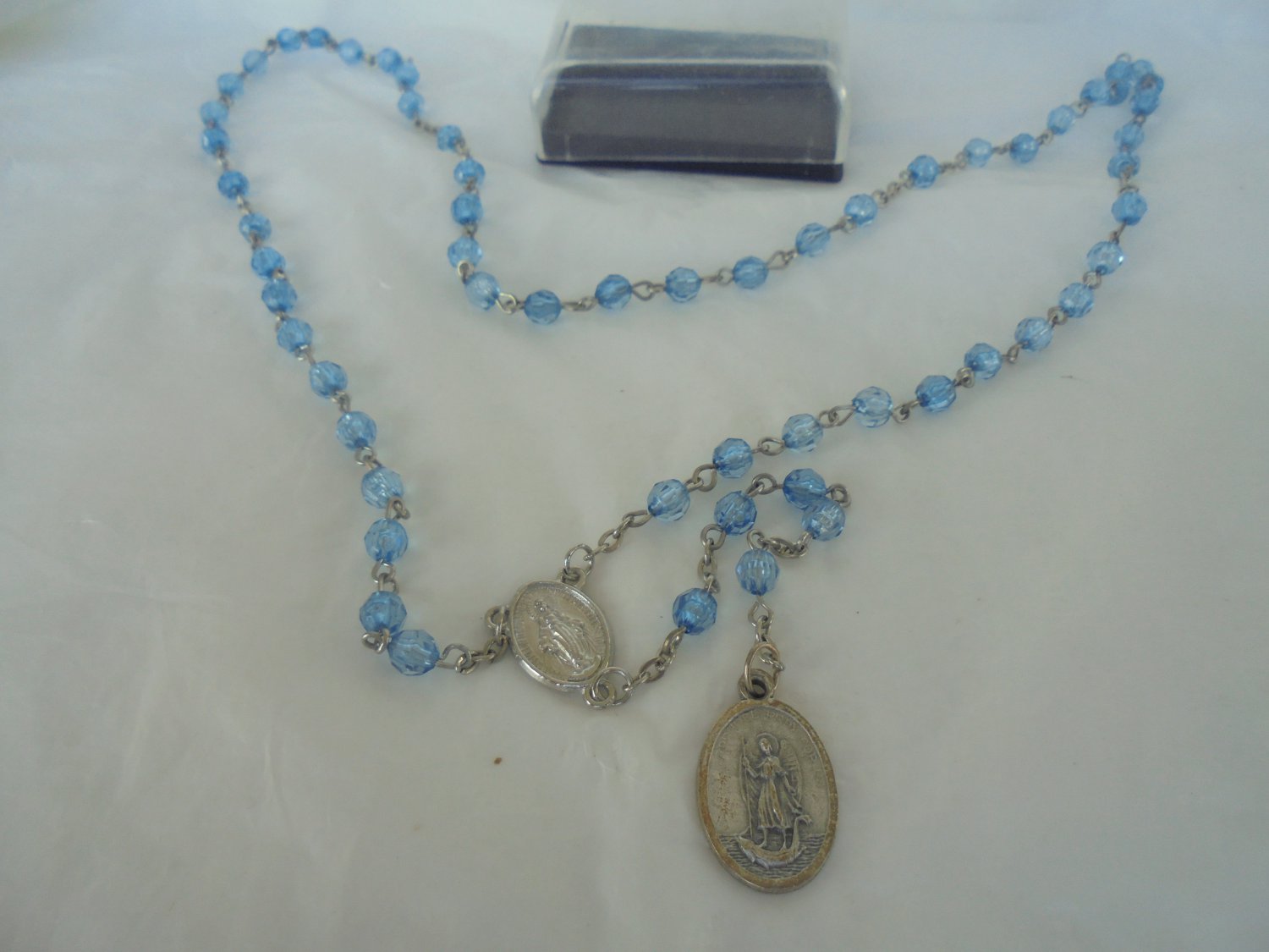 Praying ROSARY necklace of SAINT RAPHAEL blue beads Original 1980s in gift box